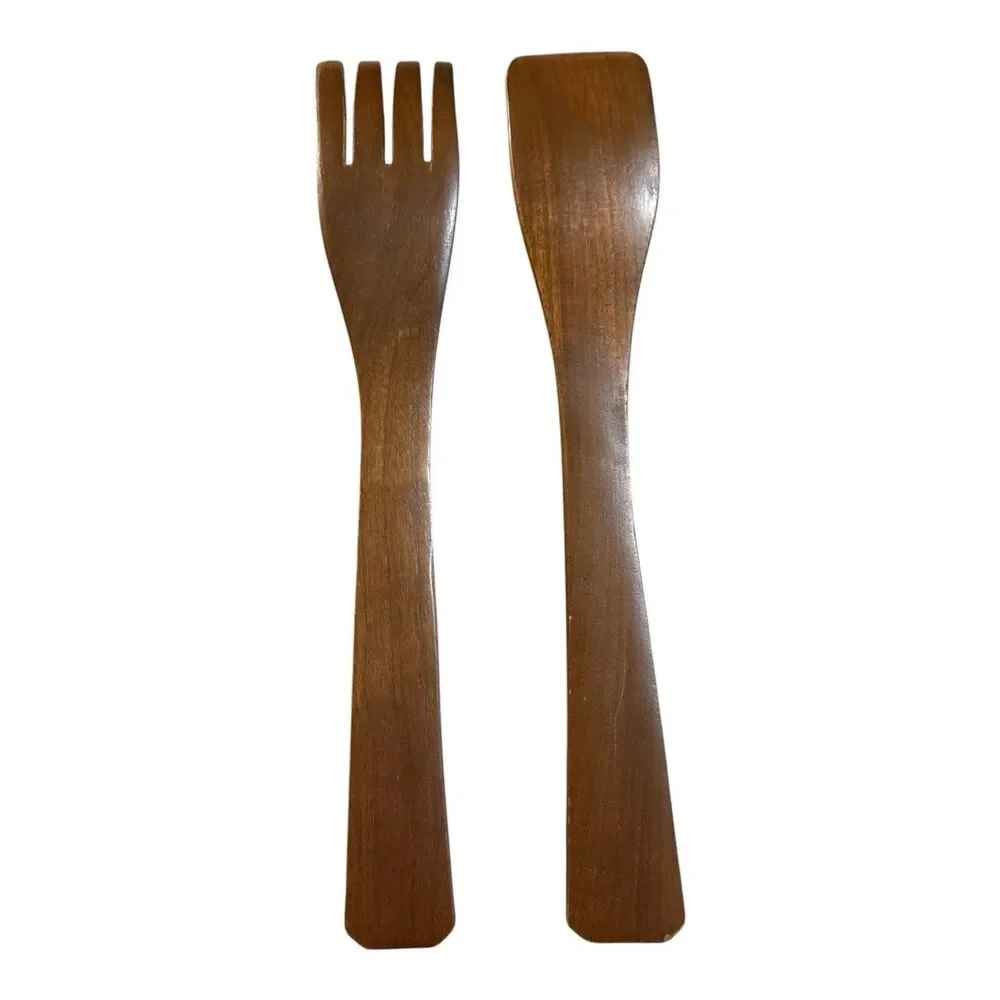 Vtg Mid Century Modern Wooden Salad Serving Utensils Fork & Paddle Spoon 12.5”
